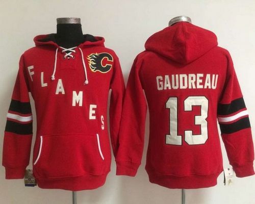 Calgary Flames #13 Johnny Gaudreau Red Women's Old Time Heidi NHL Hoodie - Click Image to Close